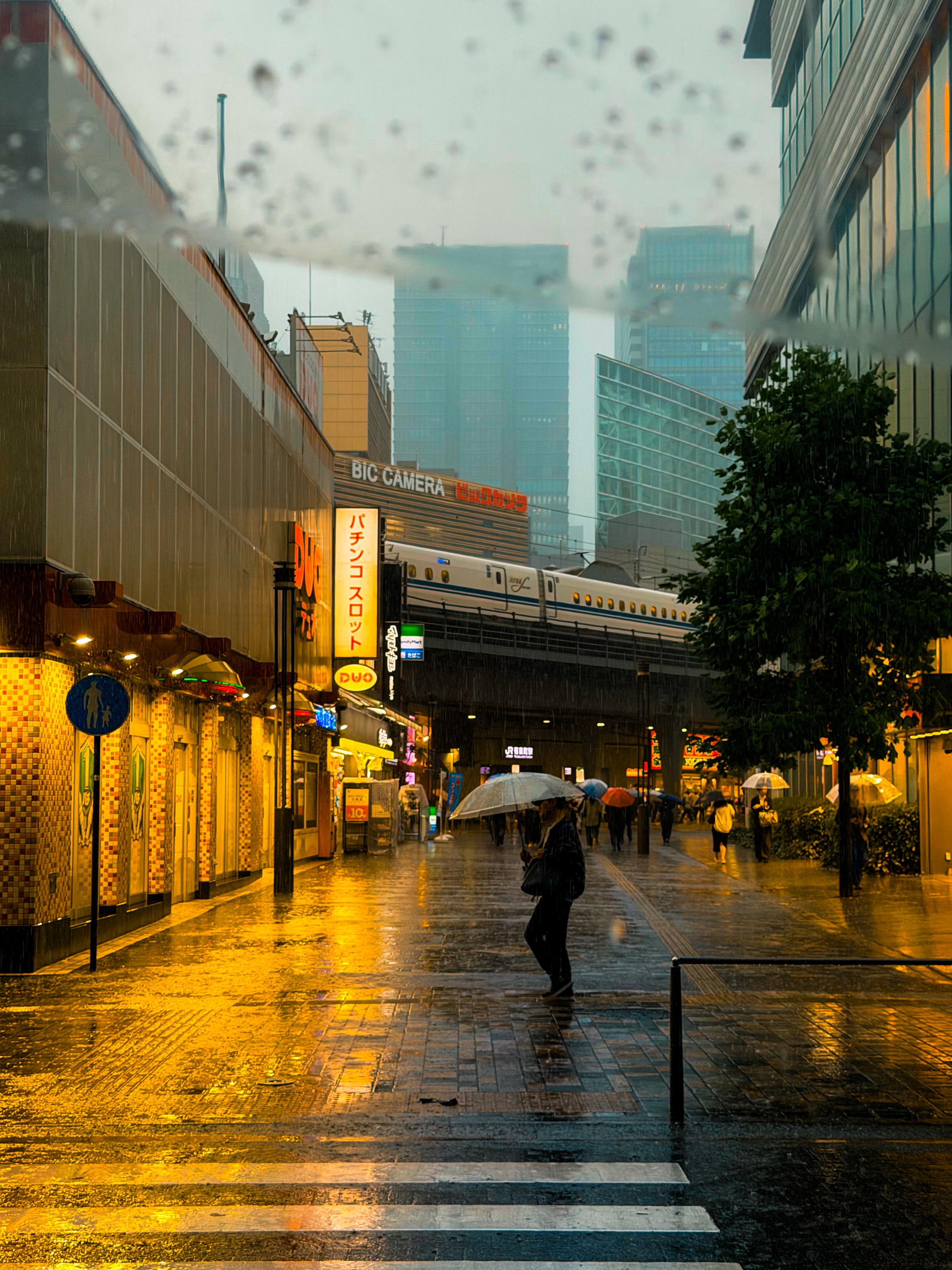 A rain-streaked window looking onto a street, a Shinkansen on the viaduct, umbrellas and wet pavement glowing yellow.