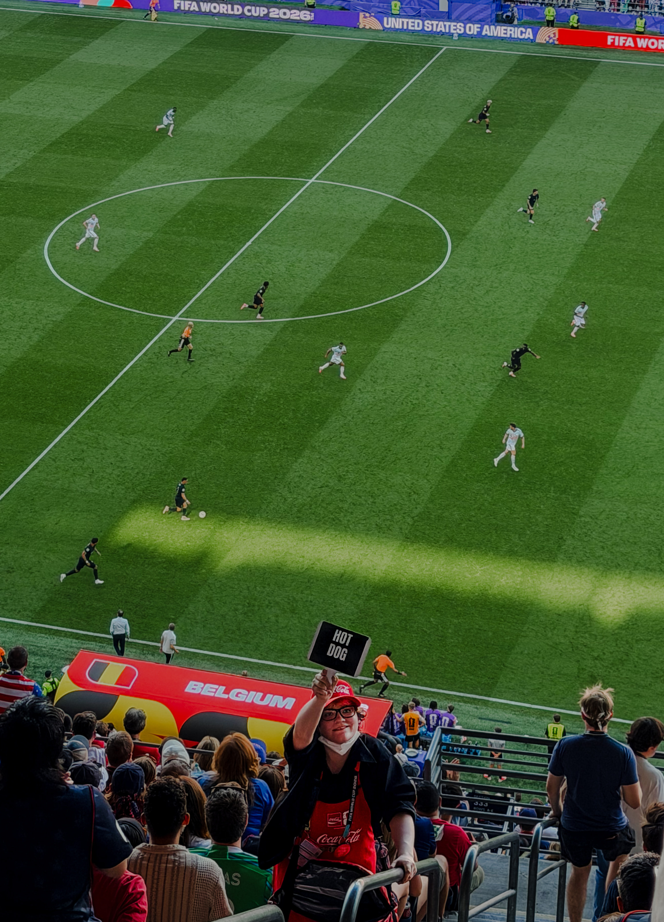 A vendor holding up a HOT DOG sign in the stands while a World Cup match plays on the pitch below.