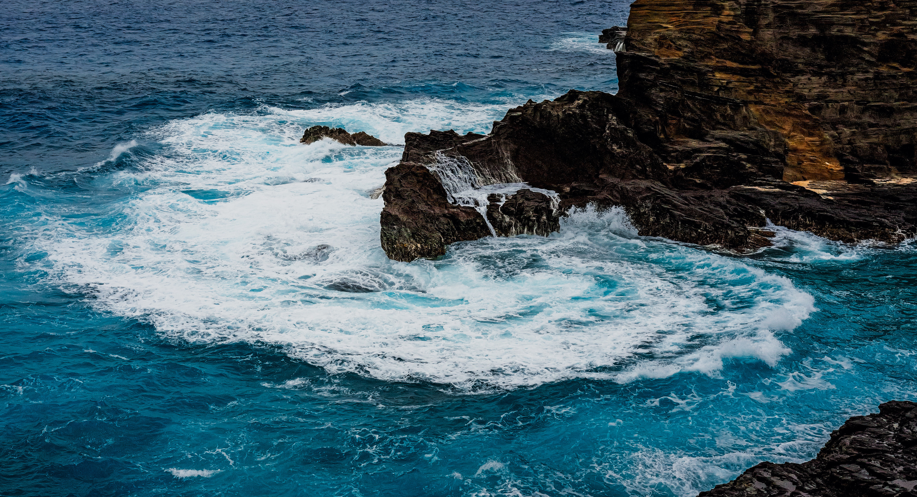 Turquoise surf encircling a black rock below a cliff.